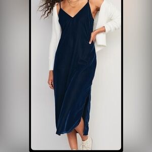 Dark blue velvet women’s small tall midi slip dress slit v neck whimsy romantic